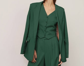 Emerald Green Blazer, Woman Blazer, Wedding Guest Suit, Prom Suit, Formal Blazer, 3-Piece Pantsuit, Bridal Set, Rehearsal Dinner, Party