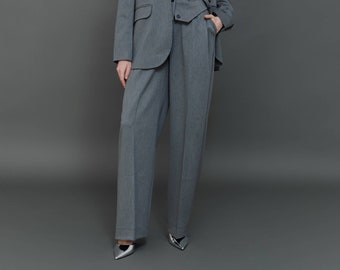 Gray Straight Pants, Women Pleated Trousers, Office Suit, Formal Wear, Wide Leg Pants, Three Piece Suit, Women Melange Palazzo