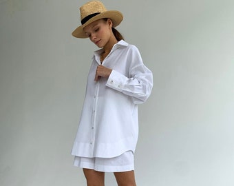 White linen set, Linen Shirt And Short, Women Shirt, Women Linen Shorts, Linen Two-Piece Set for Women, Linen Suit, Summer Suit, Shorts Suit