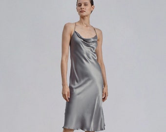 Gray Silk Slip Dress with Cowl Neck, Gray Midi Silk Dress, Camisole Dress for Special Occasions, Wedding Guest Dress, Bridesmaid Dress