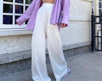 White Satin Pants, Wide Leg Long Pants For Women, Silk High Waisted Women Pants, Satin Palazzo Pants, Satin Silk Pants, White Satin Trousers