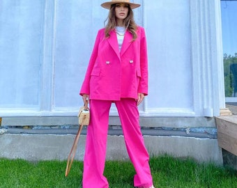 Women pants suit, Pink linen blazer and pants suit,Pink suit, Linen suit, Women suit, Pants suit, Pink Suit Women, Women pants suit pink