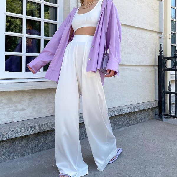 White Satin Pants, Wide Leg Long Pants For Women, Silk High Waisted Women Pants, Satin Palazzo Pants, Satin Silk Pants, White Satin Trousers