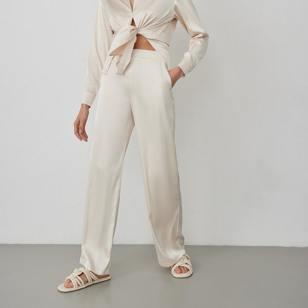 Satin Pants, Wide Leg Long Pants For Women, White Satin Trousers