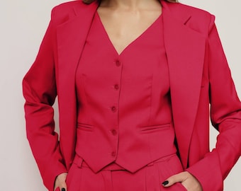 Red Women Vest, 3-Piece Suit, Palazzo Suit, Formal Suit, Vest Suit, Wedding Guest Suit, Prom, Birthday, Date, Bridesmaids, Party
