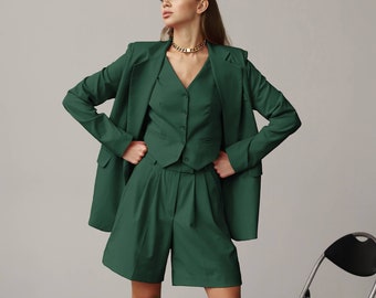 Emerald Pleated Shorts, Women Bermuda Shorts, Green Bermuda Suit, Dark Green Suit, Formal Suit, Wedding Guest, Bridesmaids Set, Party