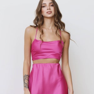Custom Pink Silk Satin Crop Top: Spaghetti Strap Cami
