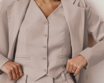 Beige Women's Pantsuit: Vest and Wide Leg Palazzo - Office, Party, Wedding