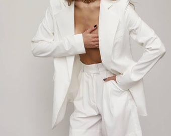 White Women Bermuda, Pleated Shorts, Women Shorts Suit, Wedding Guest, Rehearsal Dinner, Birthday, Bachelorette Party, Shorts With Blazer