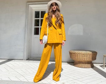 Linen blazer and pants suit, Women pants suit, Linen suit, Yellow linen suit, Women suit, Pants suit, Linen Suit Women