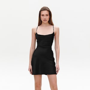 Black Cocktail Dress | Evening Dress| Black Evening Gown | Goddess Dress | Silk satin dress bias cut| Valentines day dress | Slip Mini Dress
