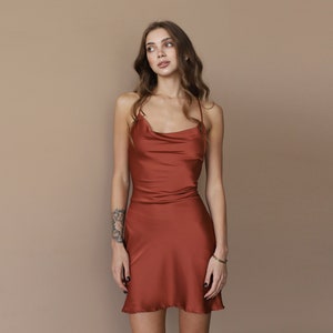 Terracotta Silk Slip Dress, Rust Satin Mini Dress, Cowl Neck Open Back Dress, Brown Silk Bridesmaid Dress, Custom Mini Slip Dress