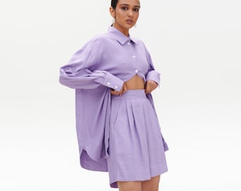 Lavender Linen Shorts Set: Custom Women's Two-Piece Suit