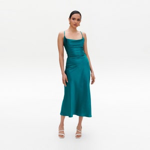 Emerald green silk slip dress, Dark green dress, silk dress, bridesmaid dress, wedding guest dress, women dress, midi dress, evening dress