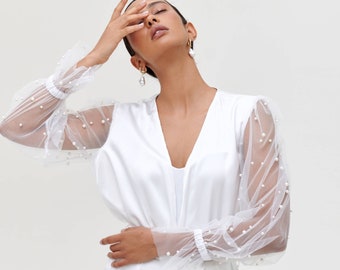 Vestaglia da sposa con perle, vestaglia da boudoir, vestaglia da
