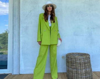 Linen pants suit, Palazzo suit, Green linen blazer, linen woman suit, linen pants, blazer woman, linen blazer set, Green linen suit