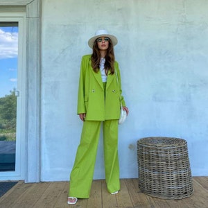 Linen pants suit, Palazzo suit, Green linen blazer, linen woman suit, linen pants, blazer woman, linen blazer set, Green linen suit