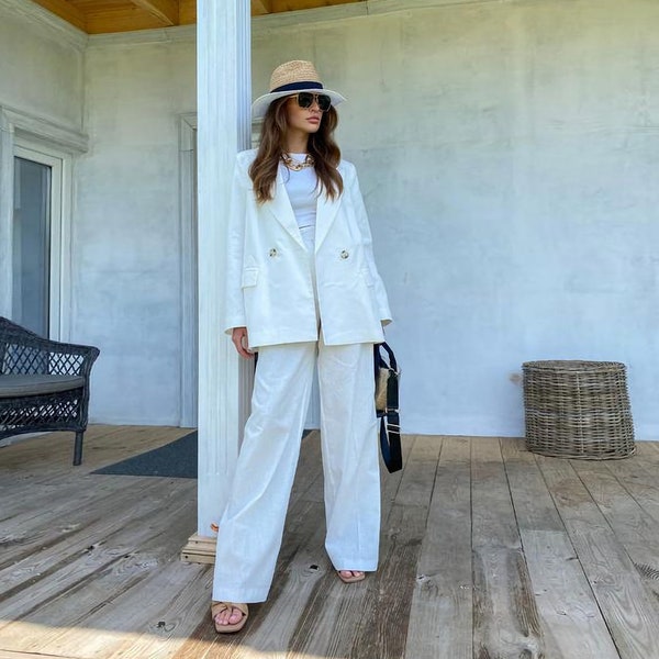 White linen suit, Pants suit, Linen Palazzo Pants, Linen Suit Women, White palazzo pants, Linen Blazer, Blazer and Pants Suit