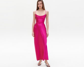 Slip Dress: Fuchsia Silk Satin Maxi (Cowl Neck, Slim Fit)