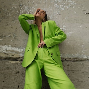 Palazzo suit, Lettuce linen suit, Linen two piece set, Woman suit, Linen blazer, Green palazzo pants, Linen Suit Jacket, Linen Suit, Women