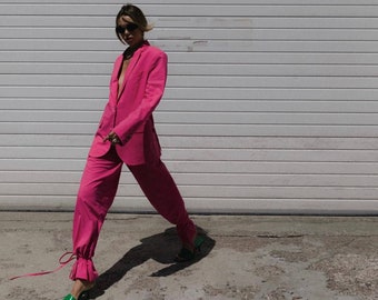 Pink Suit Women, Two Piece Women Suit, Linen Suit Jacket, Pink linen blazer and pants suit, Pink suit, Womens linen pants suit, Linen Suit