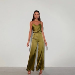 Khaki Satin Suit for Women Two Piece Set, Shirt Palazzo Pants, Party Elegant Matching Casual Set for Everyday & Special Occasions, Silk suit