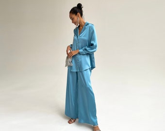 Blue Silk Pant Suit for Women, Satin Two Piece Summer Set, Women's Suit, Shirt and Trousers, Satin Suit Women, Suit for women