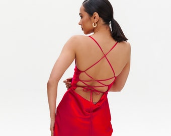 Red Silk Mini Slip Dress, Cowl Neck, Lace-Up Back (Custom Fit)