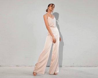 Beige Satin Pant Suit: Custom Silk Blend Two Piece Set