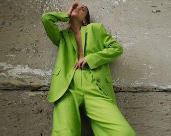 Palazzo suit, Lettuce linen suit, Linen two piece set, Woman suit, Linen blazer, Green palazzo pants, Linen Suit Jacket, Linen Suit, Women