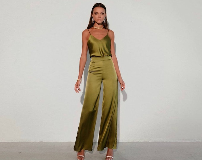 Khaki Satin Pant Suit, Palazzo Pants, Custom Made