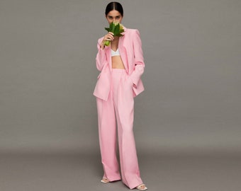 Two-piece long-sleeved suit Blazer and trousers Women's pink suit Hot Pink Light Breasted Business Formal Cocktail Party