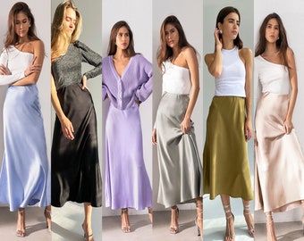 Many colors silk satin skirt bias cut Stretch silk slip skirt midi Silk clothing Silk basics silk skirt trends style silk outfit beige skirt
