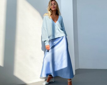 Blue silk midi skirt hot sale