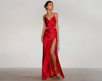 Red evening dress Floor length dress Long train dress Photoshoot dress Flying dress Satin evening dress Dress with slit