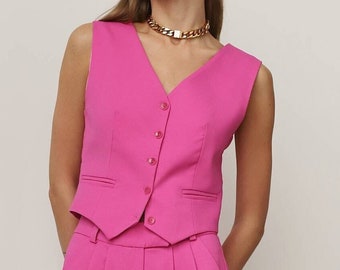 Pink Women Vest, Fuchsia Formal Pantsuit, Hot Pink Suit, Oversized Blazer, Suit With Vest, 3-Piece Suit, Bridesmaid, Bachelorette, Party