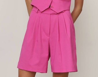 Pink Women Bermuda, Fuchsia Shorts Set, Shorts And Blazer, Hot Pink Suit, Summer Wedding Suit, Wide Pleated Shorts, Party, Casual