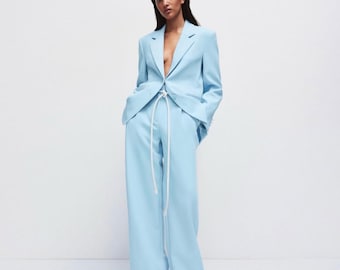 Blue Oversized Suit: Women's Wide Leg Palazzo Pants
