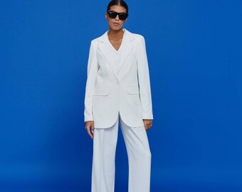 Women's Bridal Suit: Oversize Jacket and Wide Palazzo Pants - Milk White