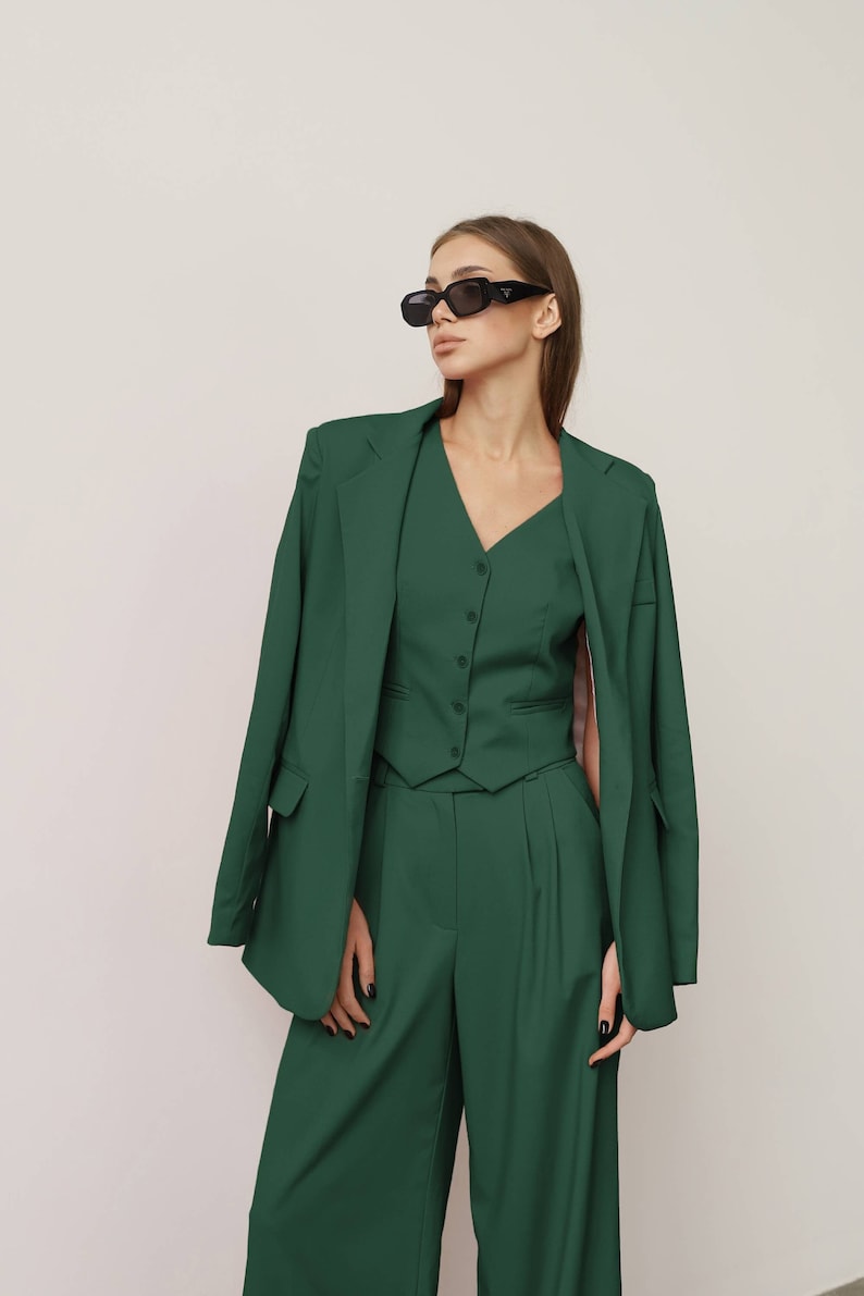 Emerald Green Blazer, Woman Blazer, Wedding Guest Suit, Prom Suit, Formal Blazer, 3-Piece Pantsuit, Bridal Set, Rehearsal Dinner, Party image 1