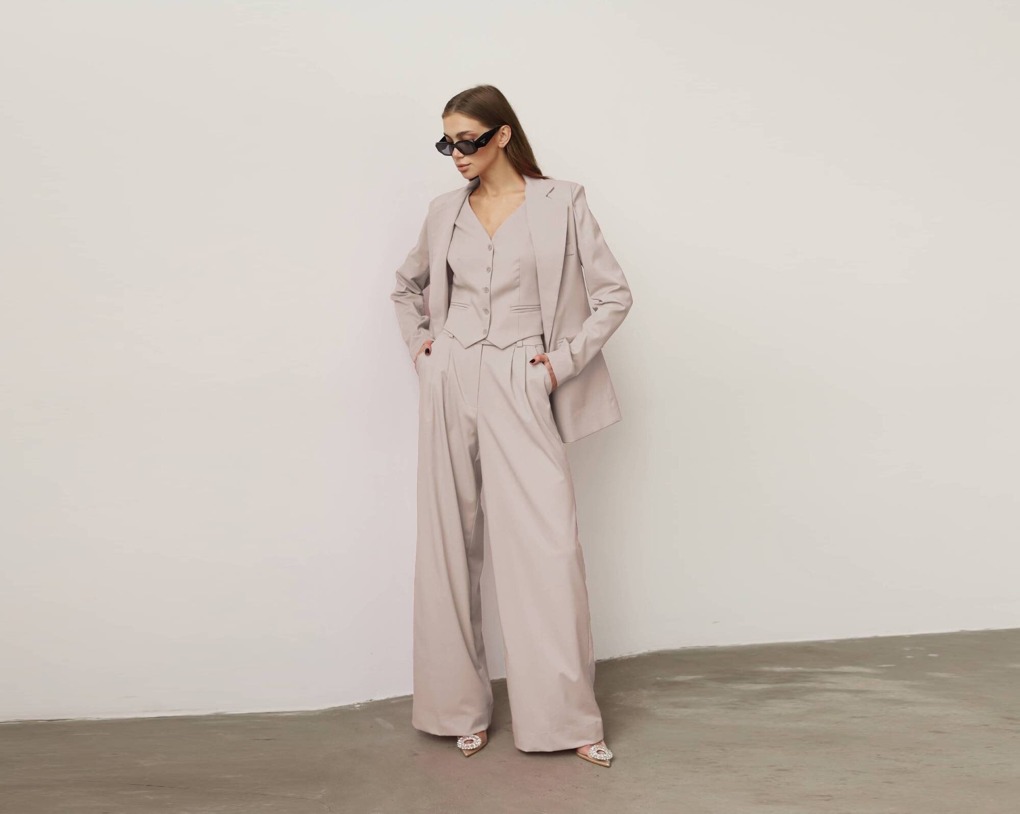 Women Bespoke Designer 3 Piece Cotton Beige Pantsuit Single
