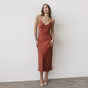 Silk slip dress midi with cowl neck bias cut Silk rust bridesmaid dress Silk satin dress Party dress silk charmeuse Date dress