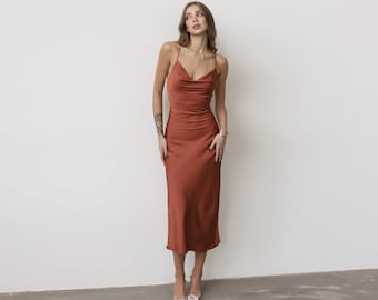 Silk slip dress midi with cowl neck bias cut Silk rust bridesmaid dress Silk satin dress Party dress silk charmeuse Date dress