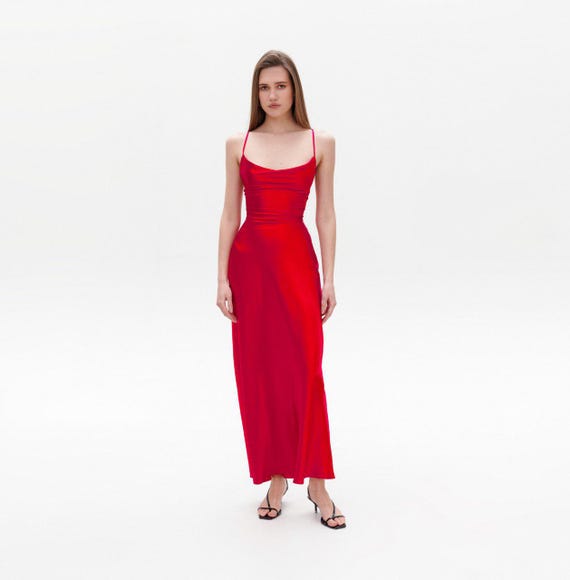 Maxi Slip Dress: Red Satin with Cowl Neck (Custom Fit, Sleeveless)