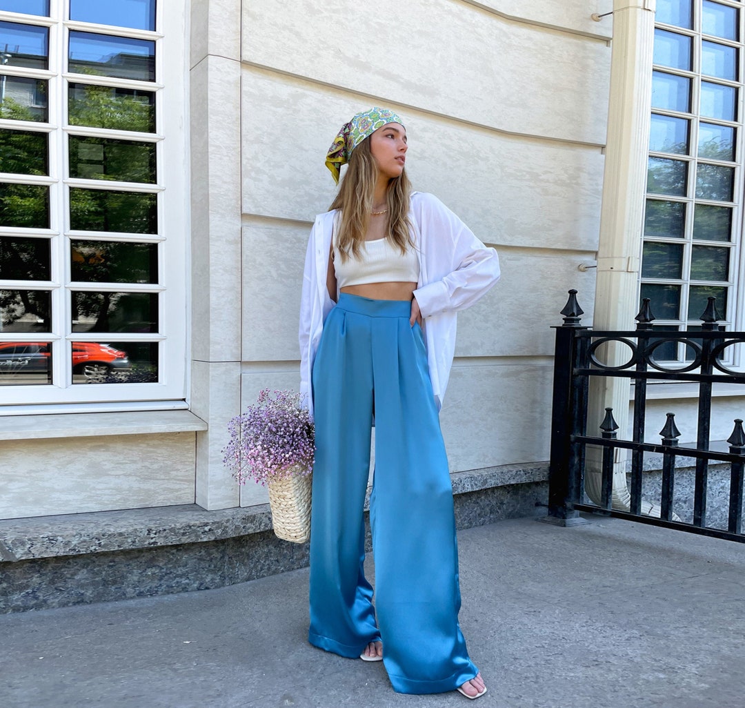 Custom Made Satin Wide Leg Pants: High Waisted Silk Trousers