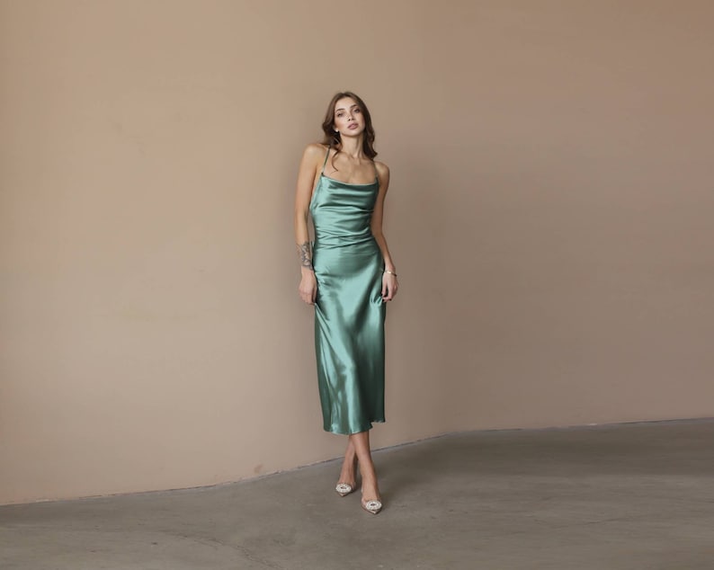 Green Midi Dress, Silk Slip Dress, Olive Bridesmaid Dress, Wedding Guest, Bachelorette Party, Satin Date Dress, Open Back Midi, Cowl Neck image 1