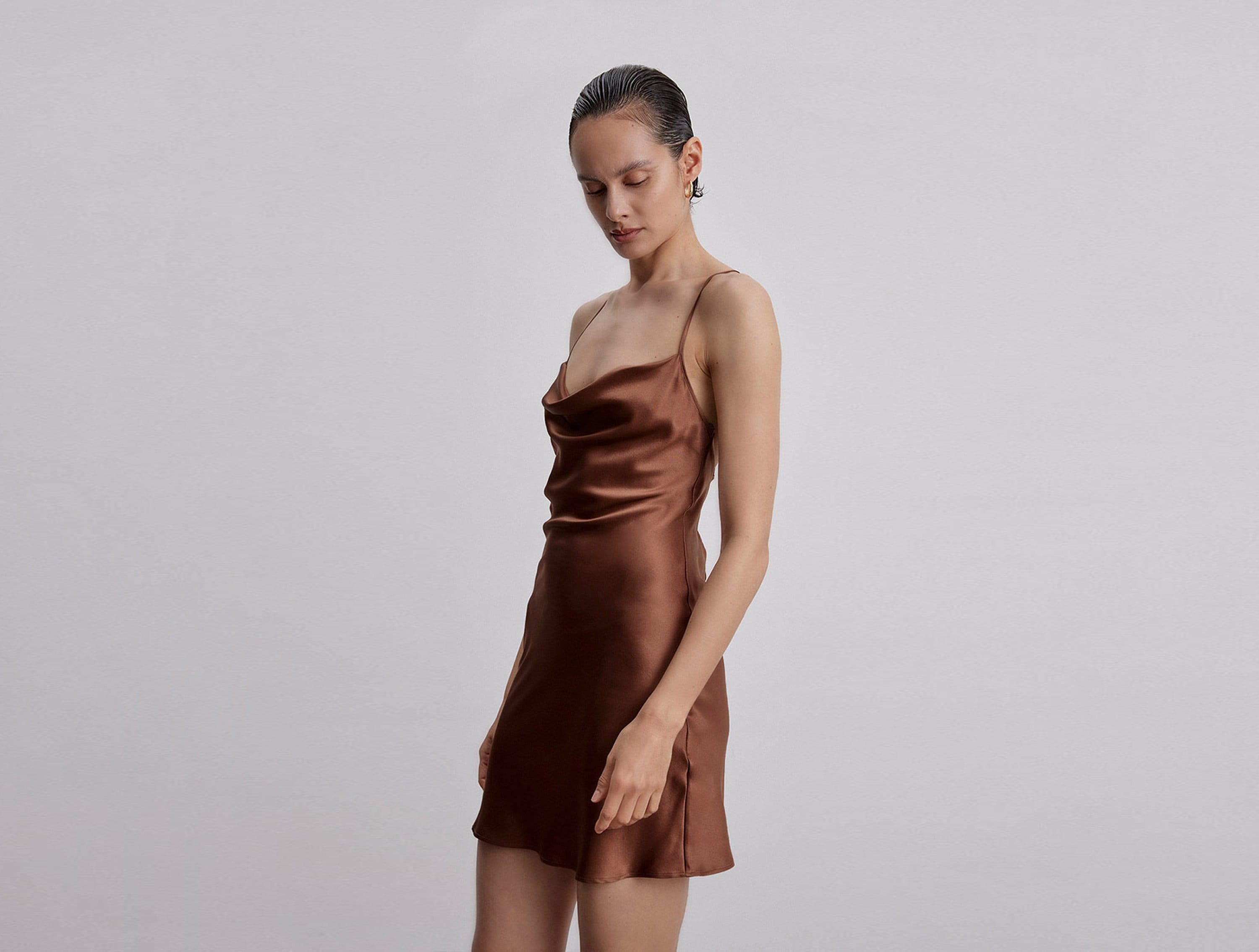 Short silk slip dress brown Mini slip ...