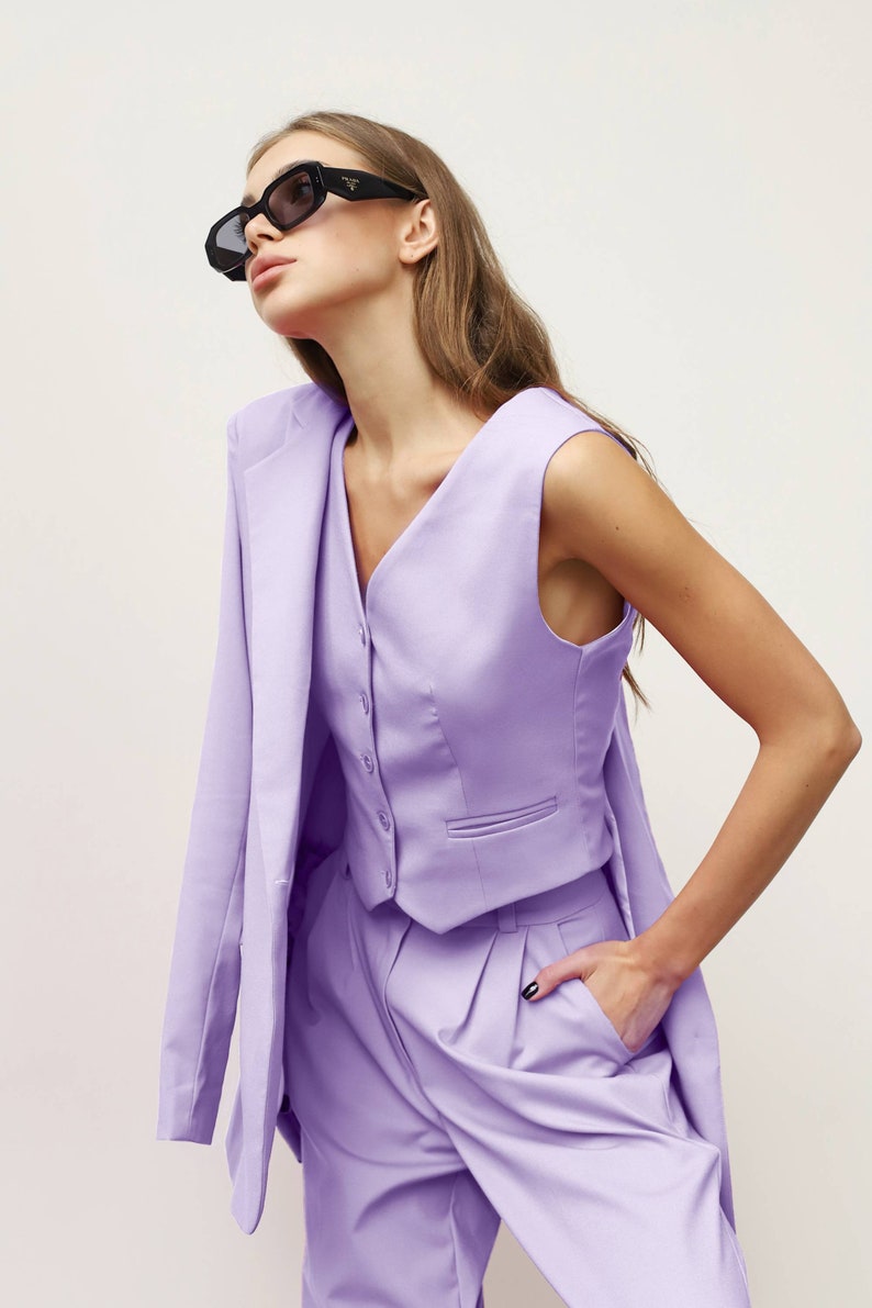 Lilac Women Vest, Lavender Formal Pantsuit, Purple Suit, Business Suit, 3-Piece Suit, Palazzo Set, Wedding, Prom, Bridesmaid, Party image 7