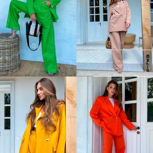 May include: Four women wearing matching pantsuits in different colors: green, beige, yellow, and orange. Each woman is standing in a different location, with a white background behind them.