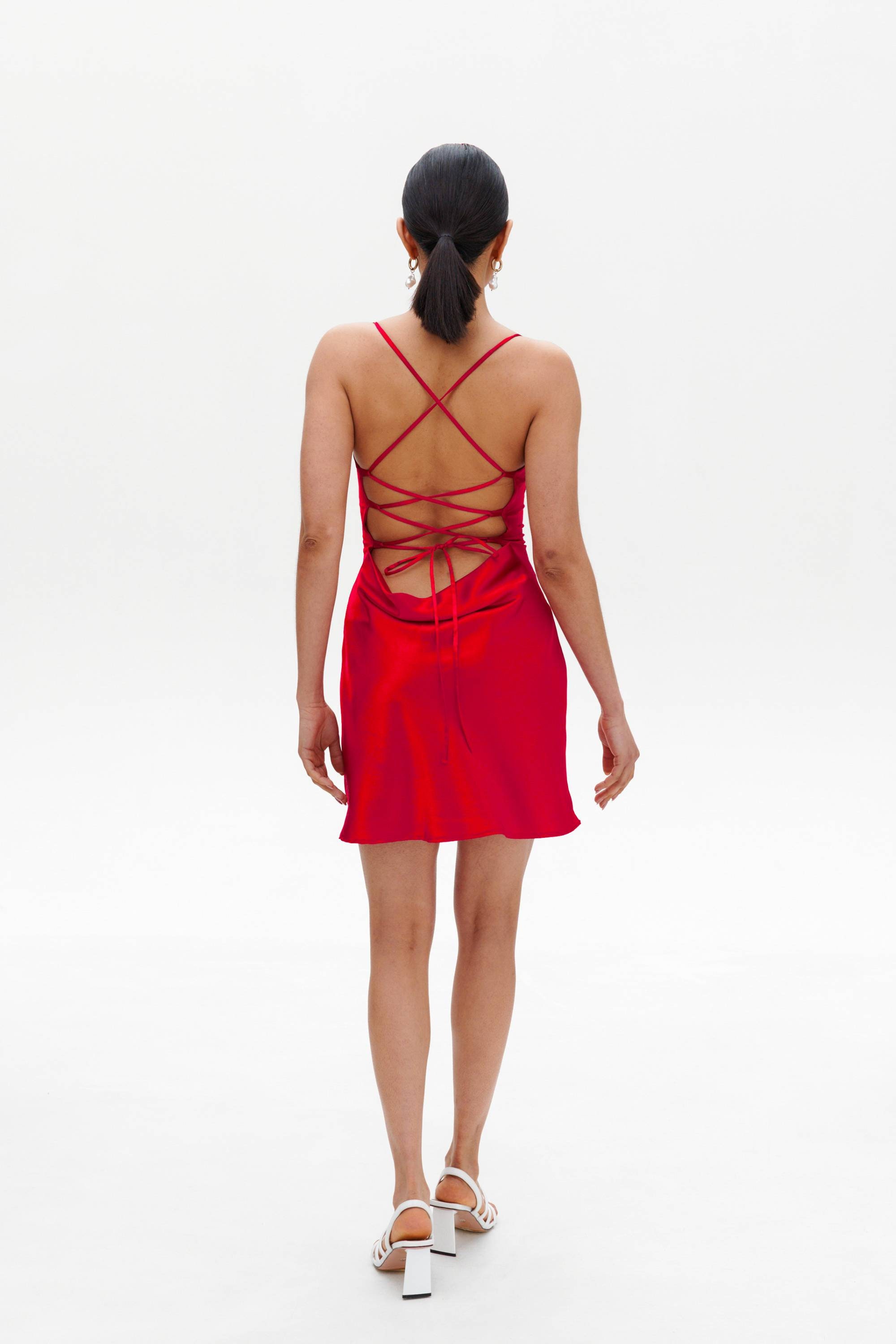 Red Satin Mini Dress, Cowl Neck, Backless (Made to Measure)
